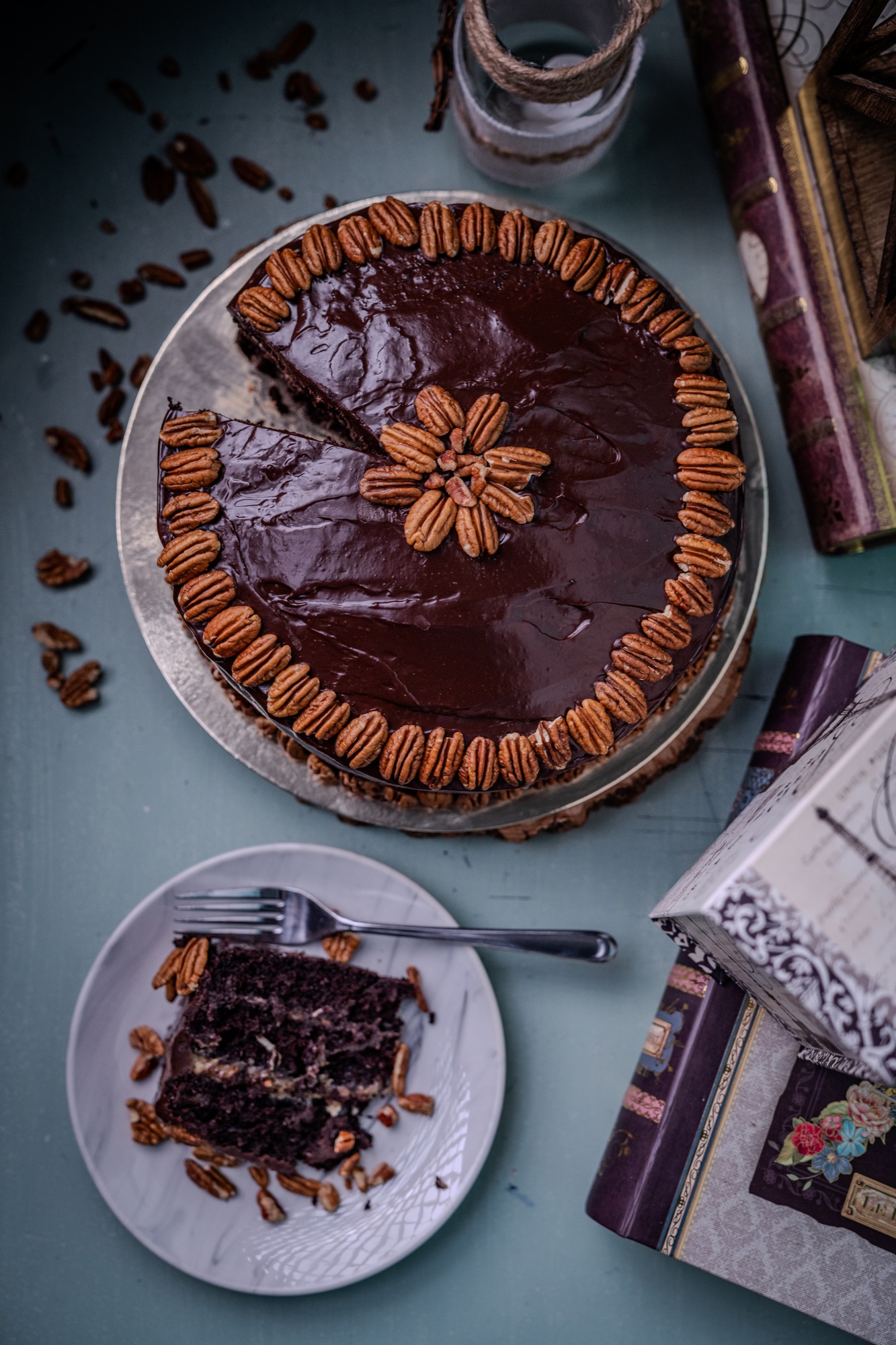 German chocolate cake finished with toasted coconut and sliced almonds